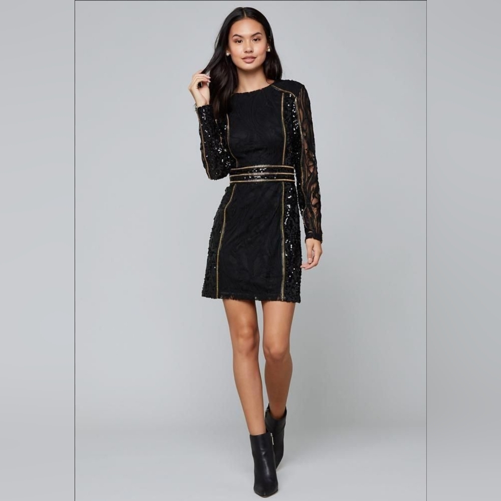 Bebe Black and Gold Sequin & Lace long sleeve mini dress size Small LBD